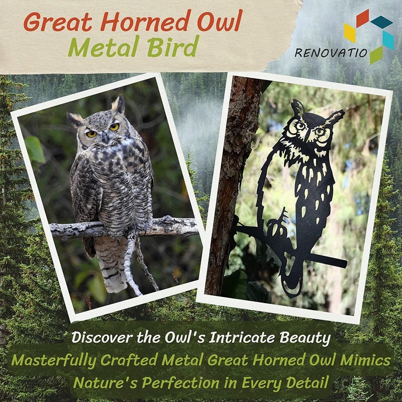 Renovatio Owl Metal Bird Art, Gifts for Dad, Owl Outdoor Decor for Garden, Yard & Patio – Majestic Bird Ornament & Yard Art – Garden Statues, Outdoor Ornaments & Durable Backyard Decor – Black - Image 2